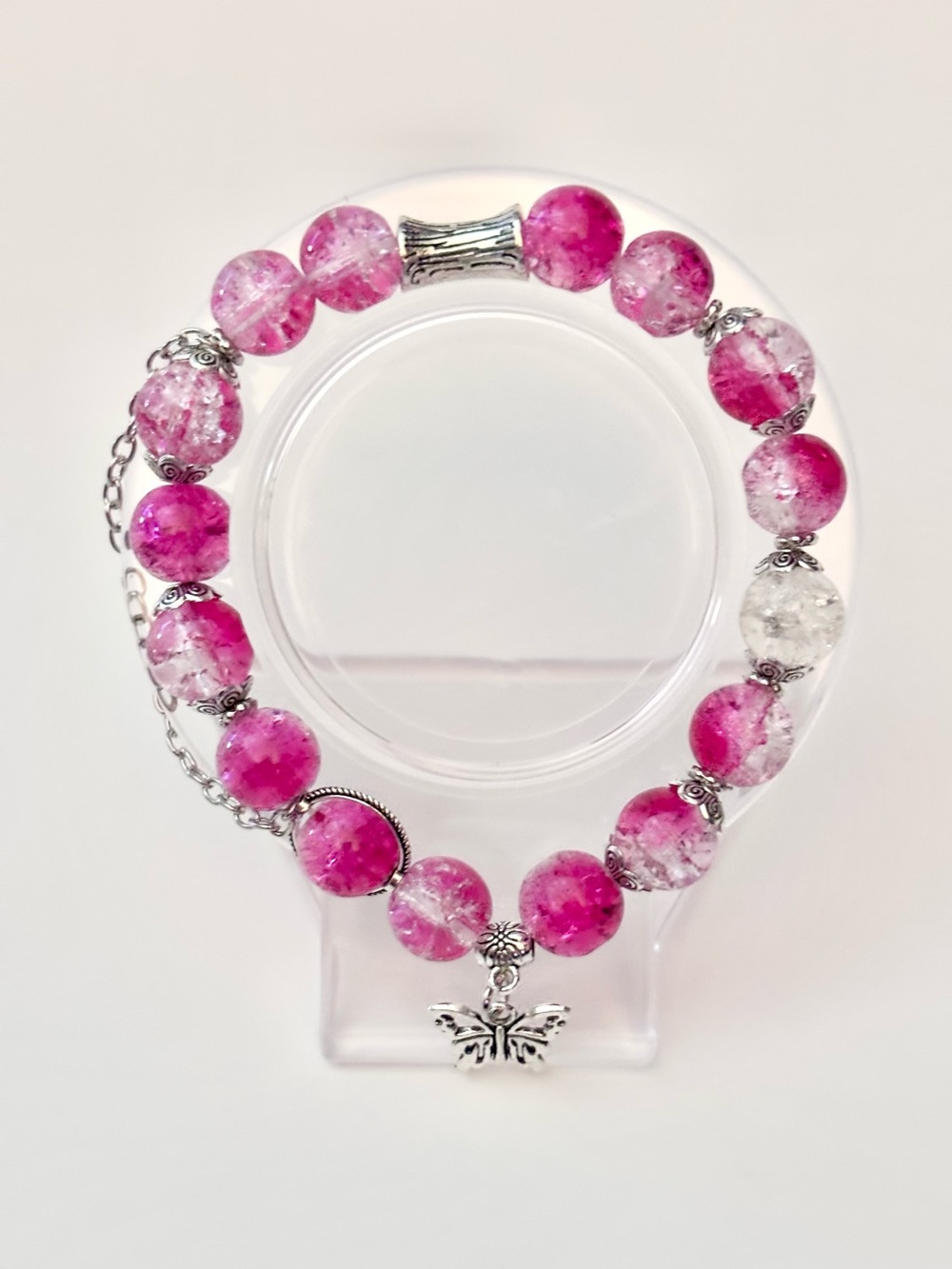 Hand Crafted Pink Crackle Bead Bracelet with Butterfly Charm